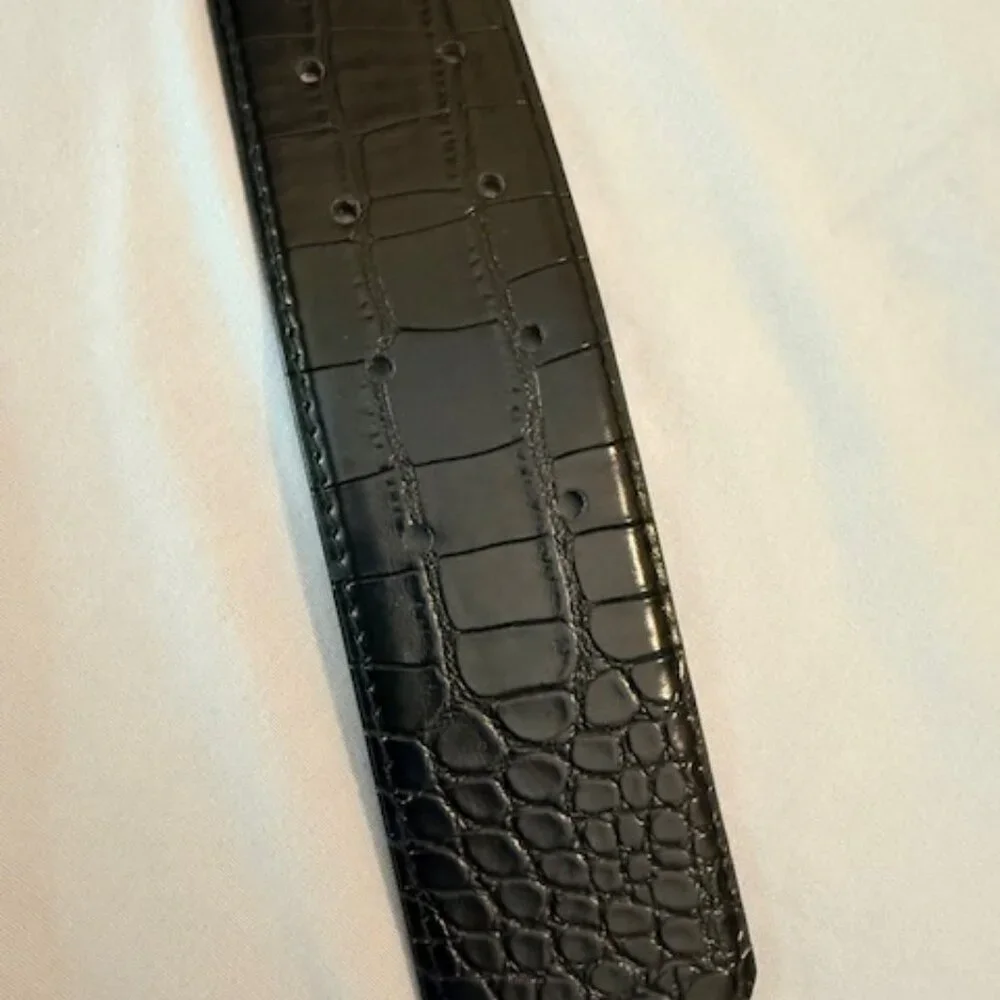 Risantry Wide Black Belt with Crocodile-Embossed Texture
